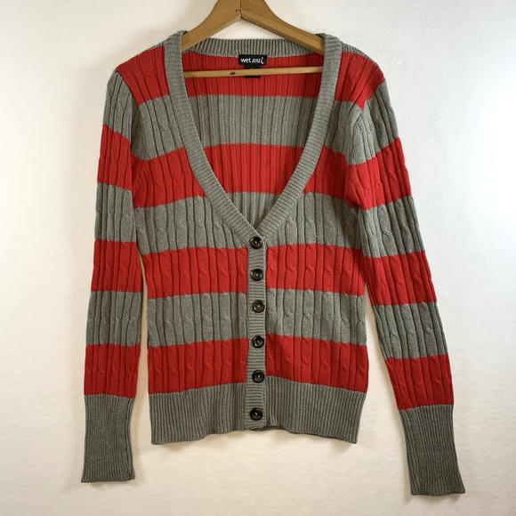 Wet Seal Womens Y2K Fitted Cable Knit Cardigan Sweater Sz XL Striped Preppy Punk - Picture 1 of 9